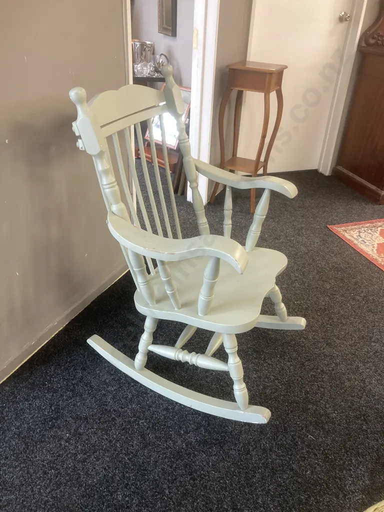 Wooden Rocking Chair Painted Light Green With A Fabric Cushion Image 1++