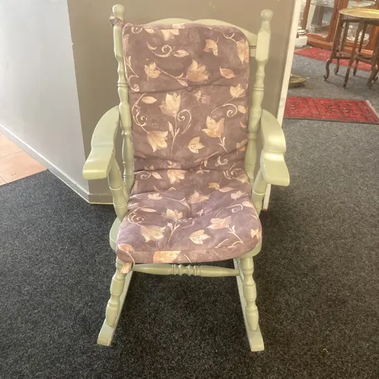 Wooden Rocking Chair Painted Light Green With A Fabric Cushion