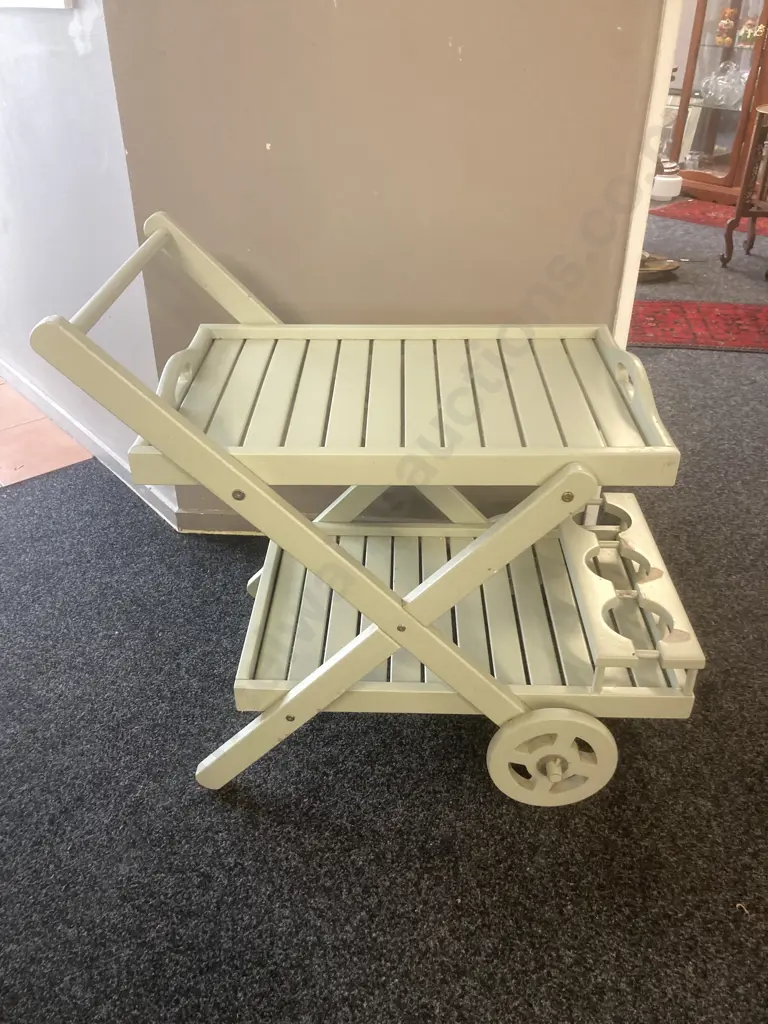 Wooden Drinks Trolley With A Lift Out Serving Tray Painted Light Green Image 1++