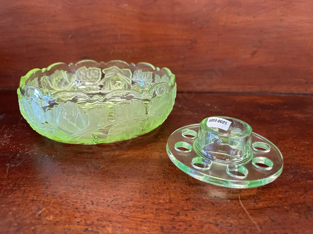 Vintage Uranium Glass Bowl with flower frog Image 1++