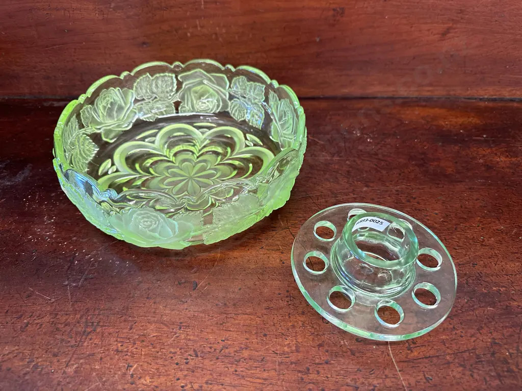 Vintage Uranium Glass Bowl with flower frog Image 1++
