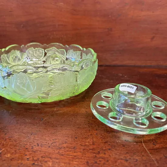 Vintage Uranium Glass Bowl with flower frog