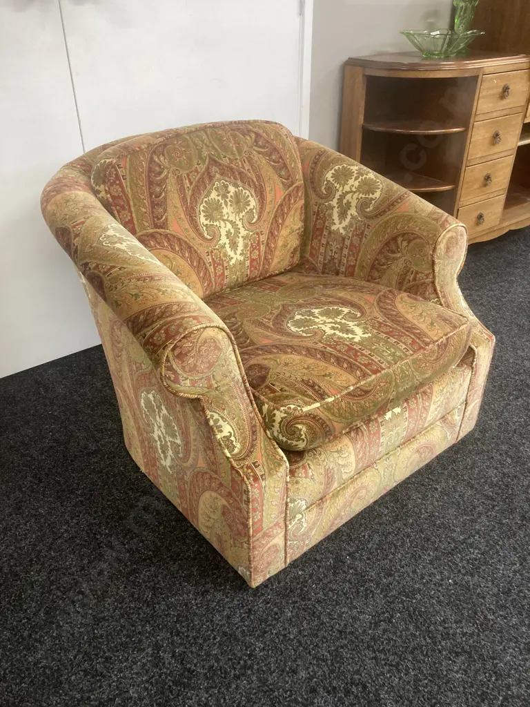 Vintage Tub Chair With Paisley Velour Fabric Image 1++