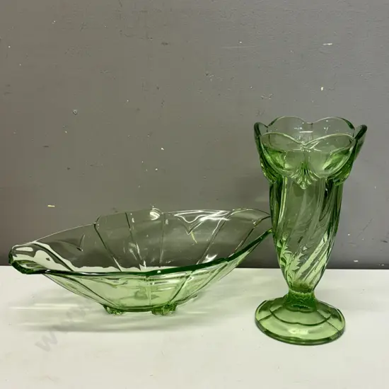 Vintage Art Deco Green Glass Bowl and Vase