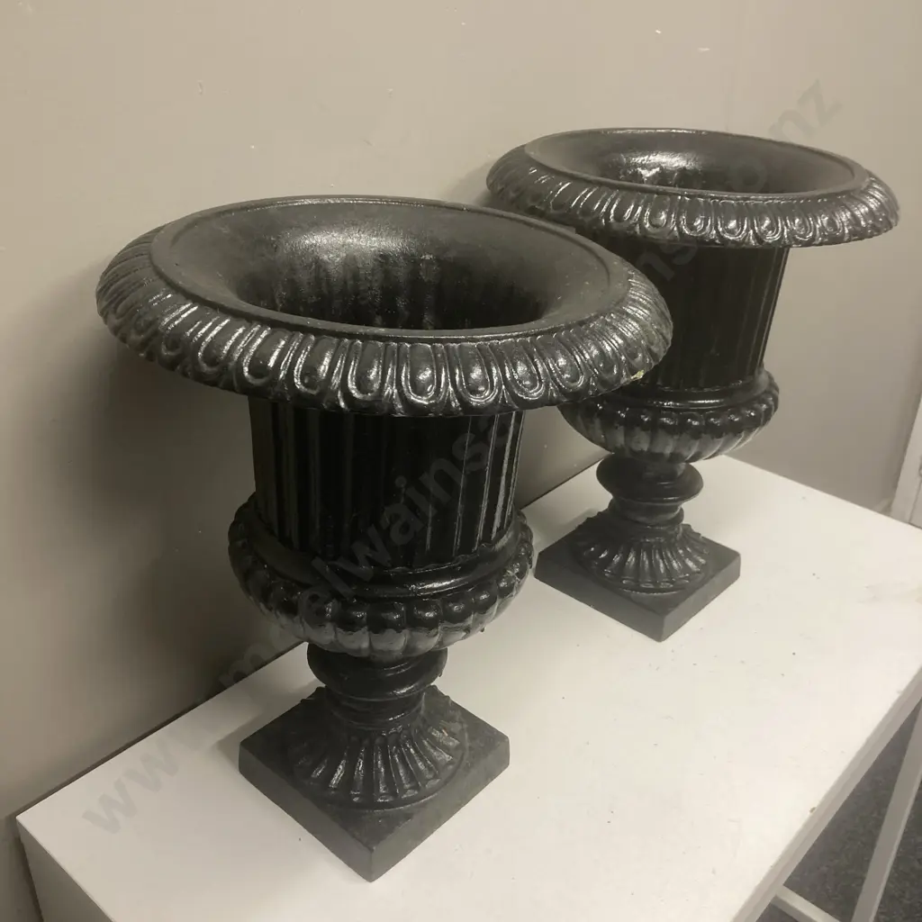 Pair of Cast Iron Classical Urn Garden Planters Painted Black. 47 x 39cm (One As Found Condition) Image 1++