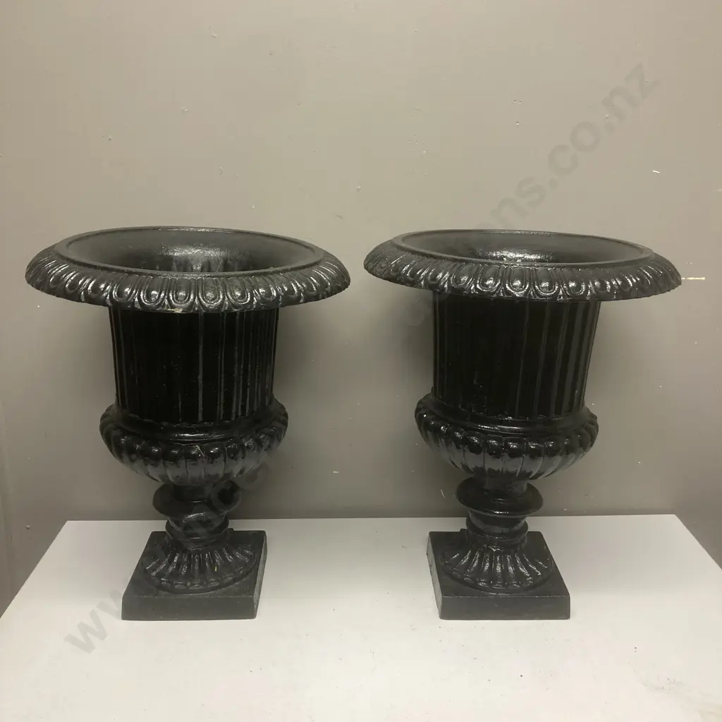 Pair of Cast Iron Classical Urn Garden Planters Painted Black. 47 x 39cm (One As Found Condition) Image 1++