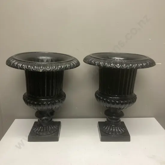 Pair of Cast Iron Classical Urn Garden Planters Painted Black. 47 x 39cm (One As Found Condition)