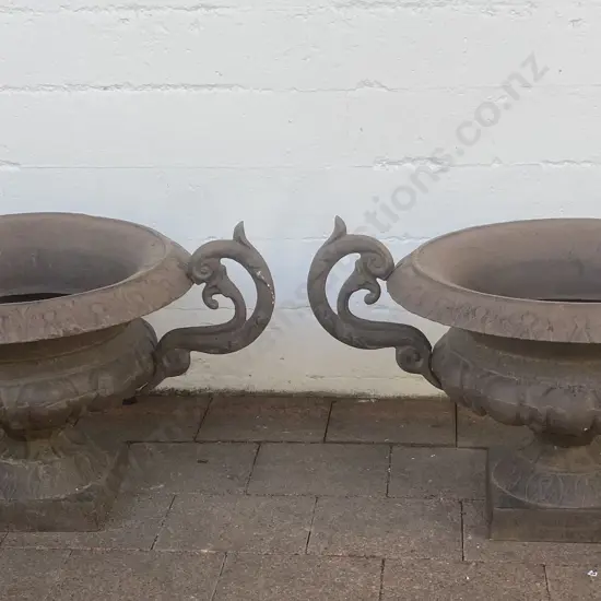 Pair of Cast Iron Round French Classical Style Double Handled Ornate Planters, Brown, 47 x 80cm, 41Kg