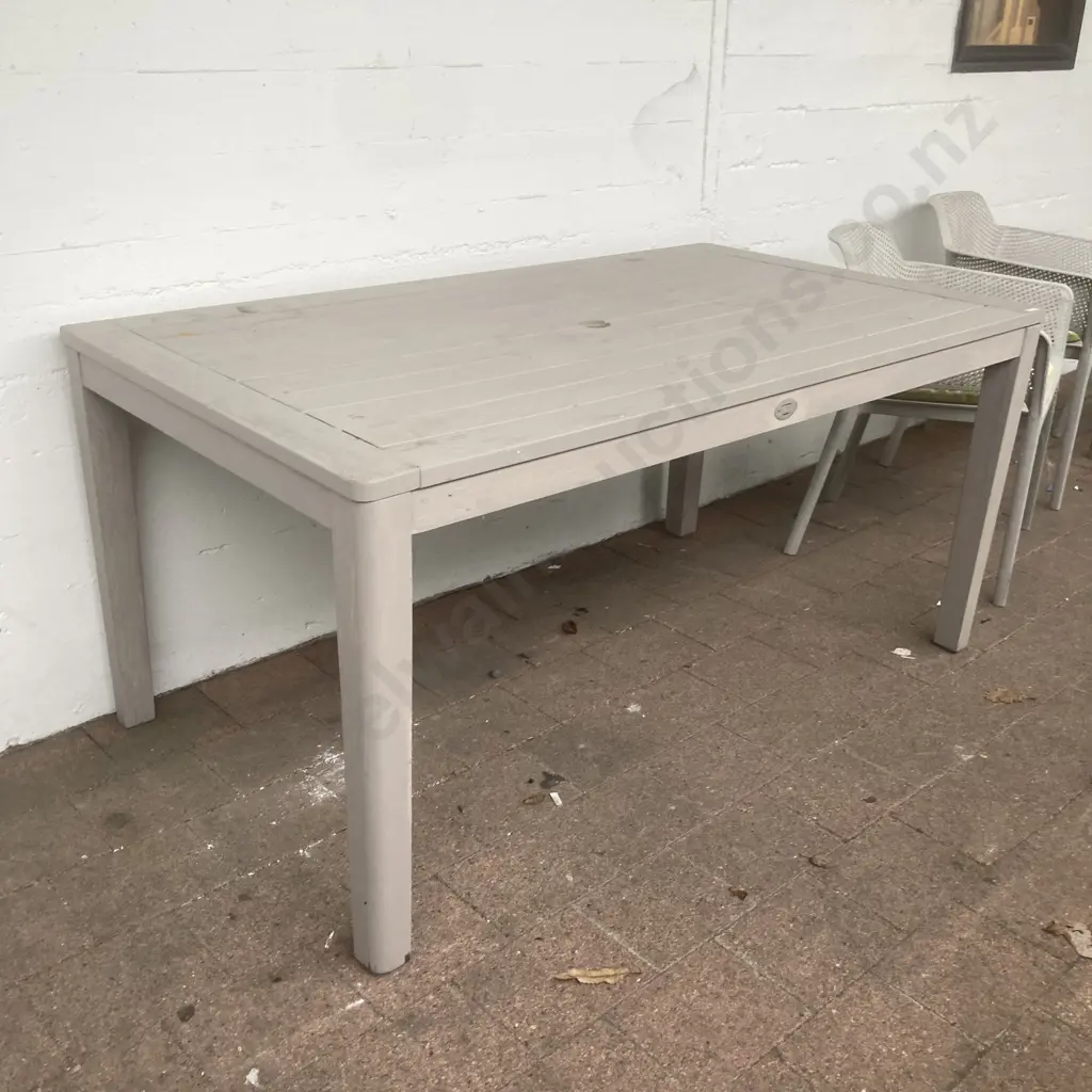 Painted Wooden Nouveau Rectangular Garden Table 161x90cm With 4 Plastic Outdoor Dining Armchairs, Green / Cream Cushions Image 1++