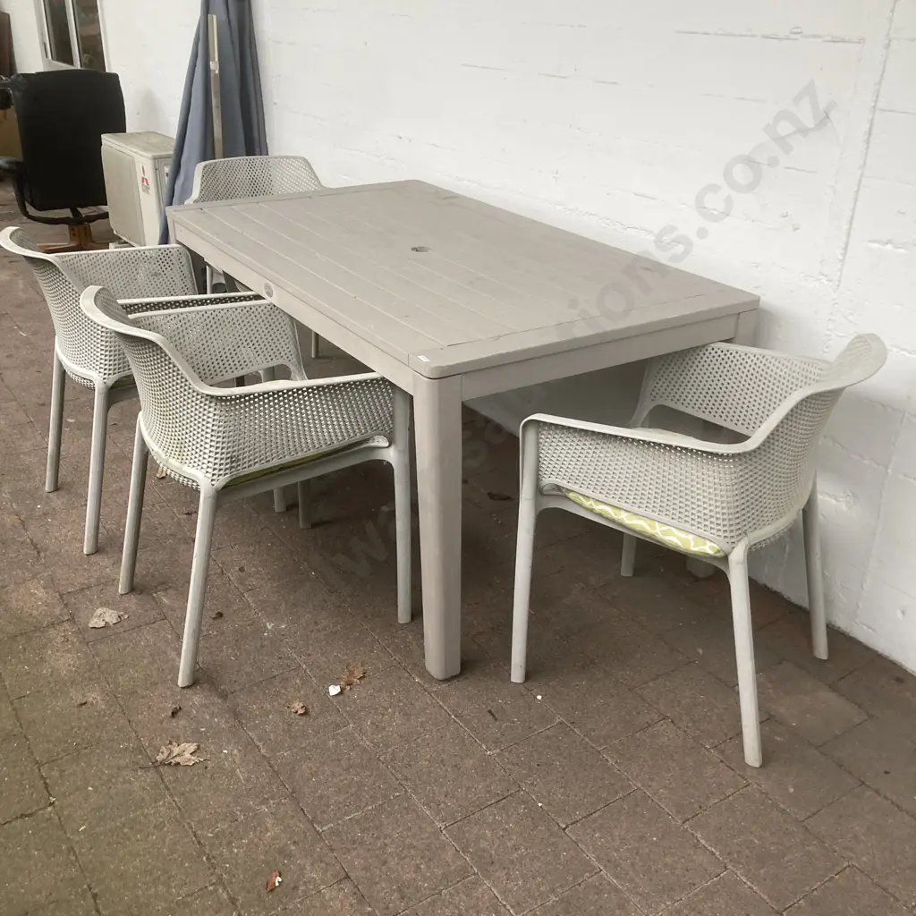 Painted Wooden Nouveau Rectangular Garden Table 161x90cm With 4 Plastic Outdoor Dining Armchairs, Green / Cream Cushions Image 1++