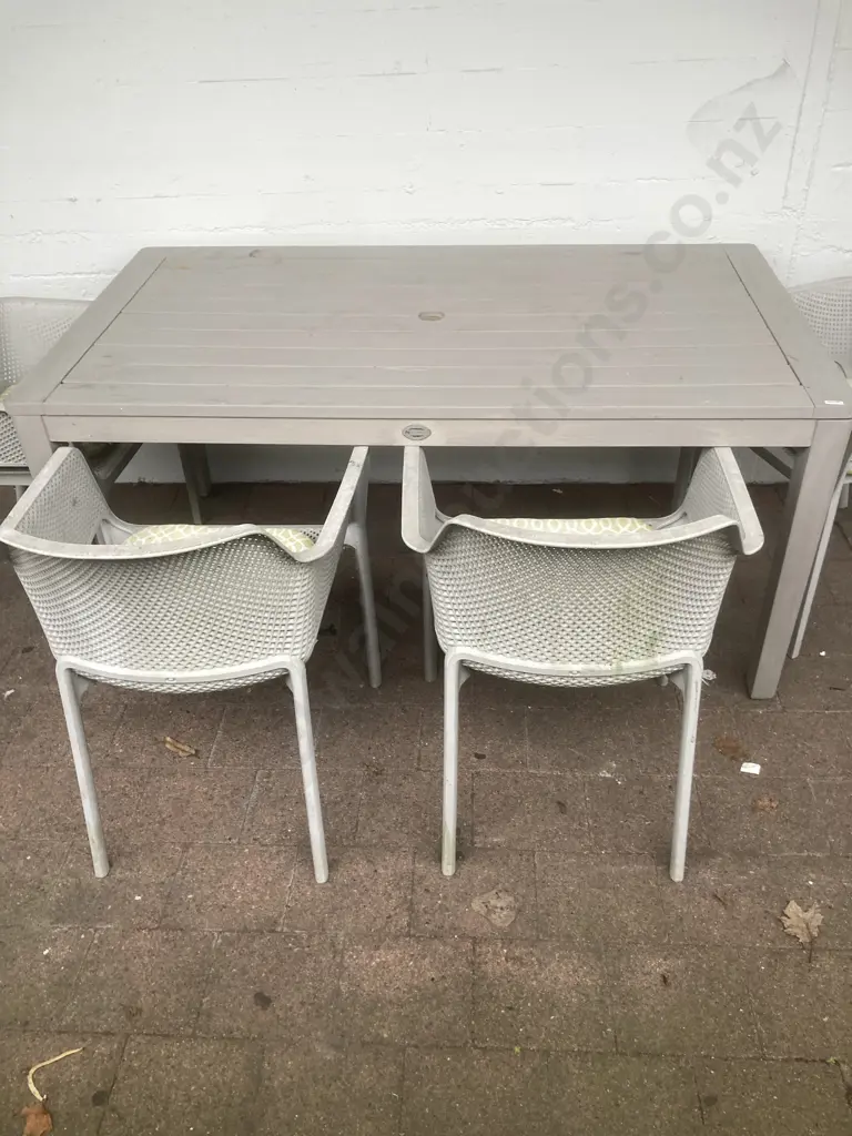 Painted Wooden Nouveau Rectangular Garden Table 161x90cm With 4 Plastic Outdoor Dining Armchairs, Green / Cream Cushions Image 1++