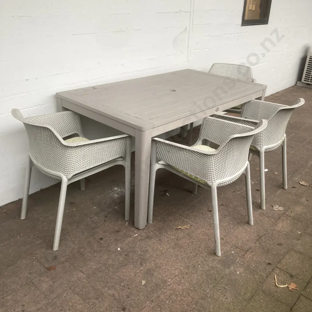 Painted Wooden Nouveau Rectangular Garden Table 161x90cm With 4 Plastic Outdoor Dining Armchairs, Green / Cream Cushions Image 1++