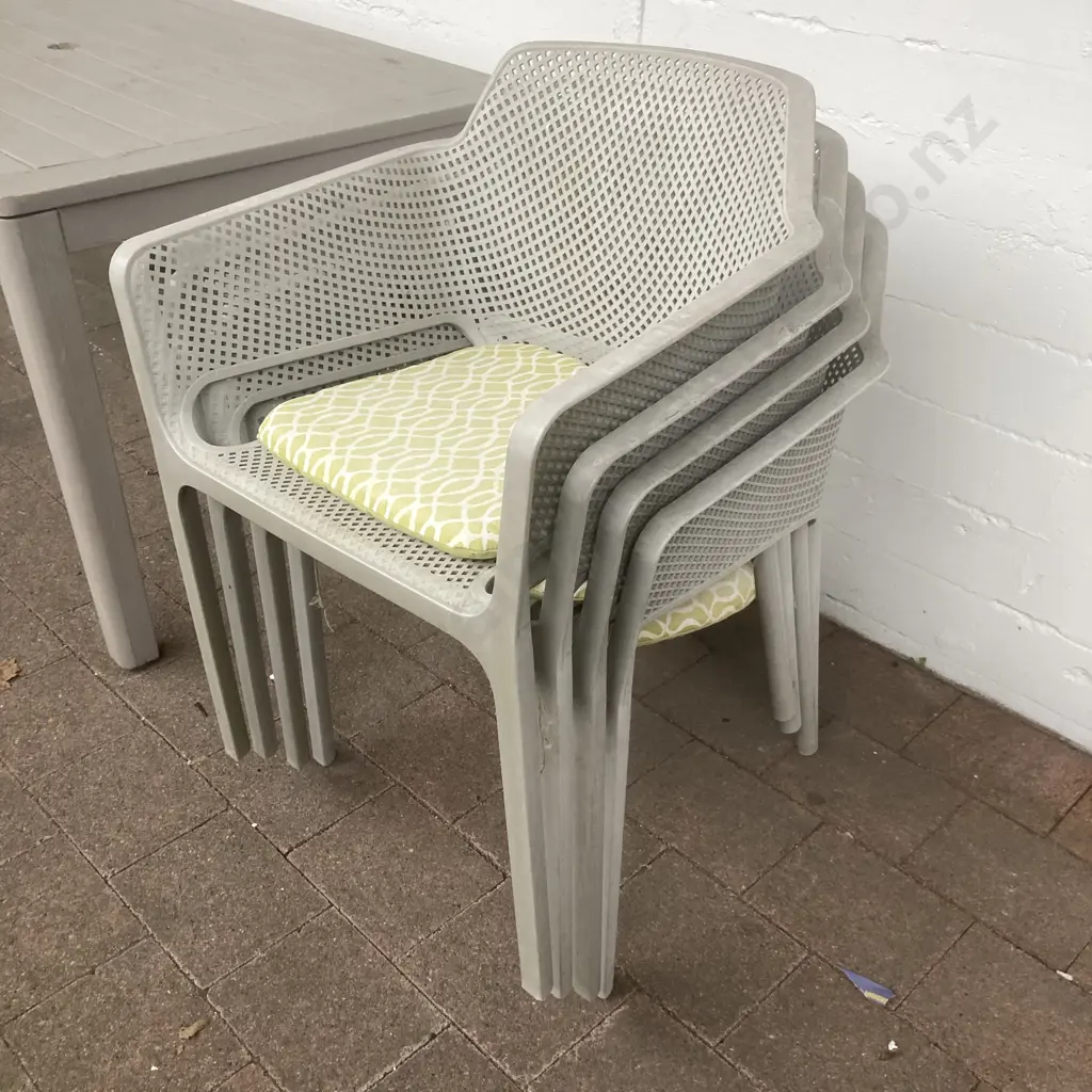 Painted Wooden Nouveau Rectangular Garden Table 161x90cm With 4 Plastic Outdoor Dining Armchairs, Green / Cream Cushions Image 1++