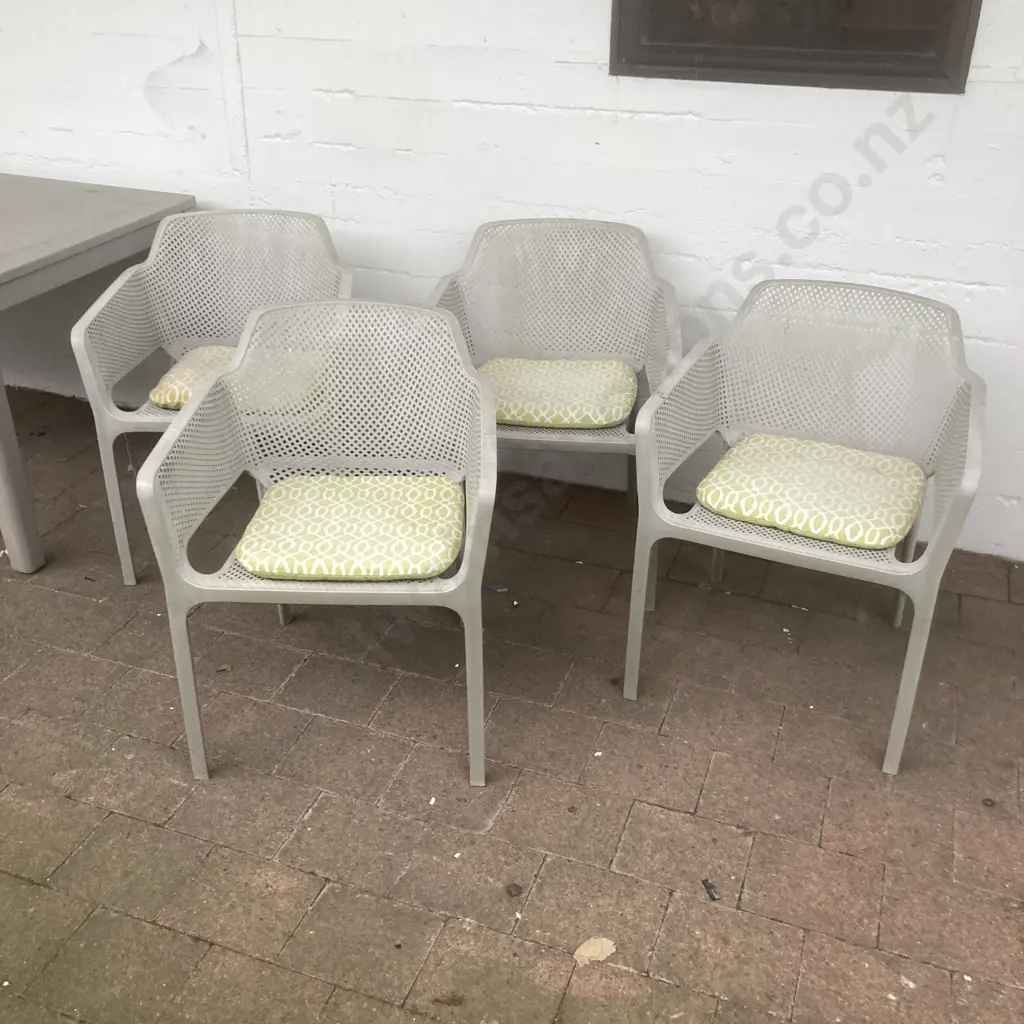 Painted Wooden Nouveau Rectangular Garden Table 161x90cm With 4 Plastic Outdoor Dining Armchairs, Green / Cream Cushions Image 1++