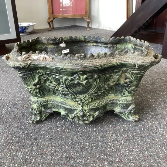 Cast Iron Ornate Footed Trough Planter, Dark Green, 26 x 56.5 x 35cm
