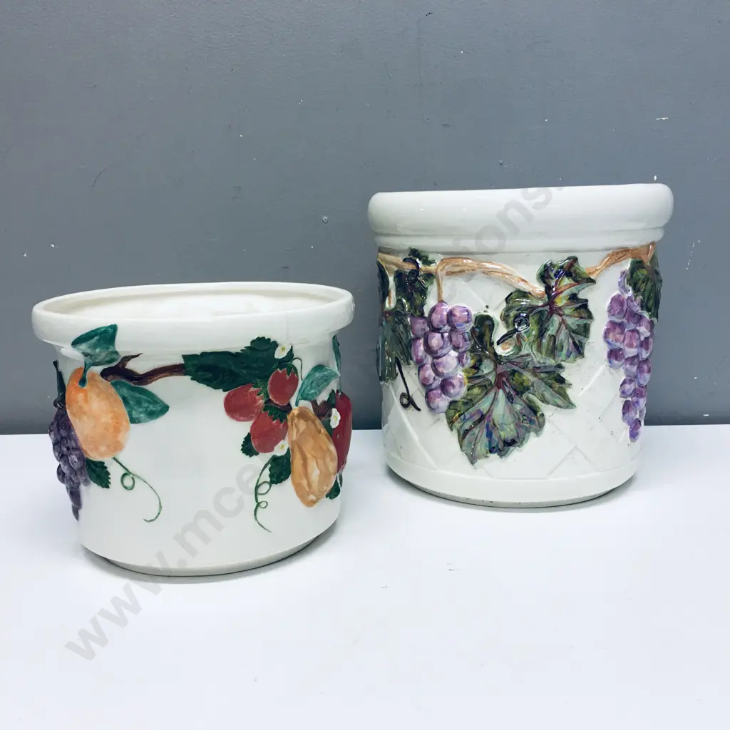 Pair of Vintage Plant Pots, Cream With Fruit Relief Detail Image 1++