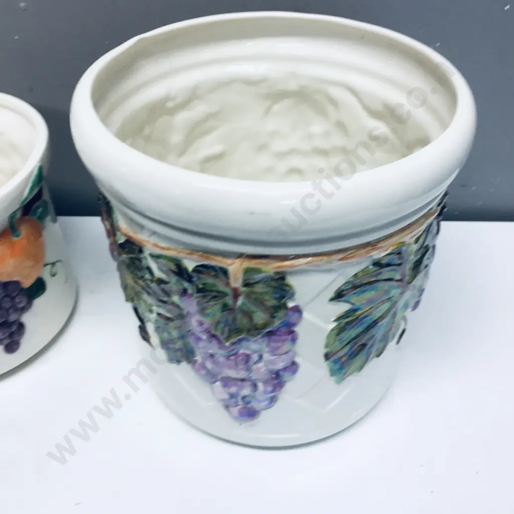 Pair of Vintage Plant Pots, Cream With Fruit Relief Detail Image 1++