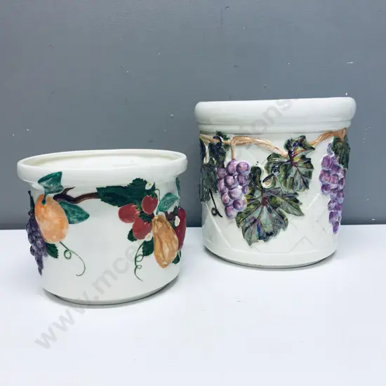 Pair of Vintage Plant Pots, Cream With Fruit Relief Detail