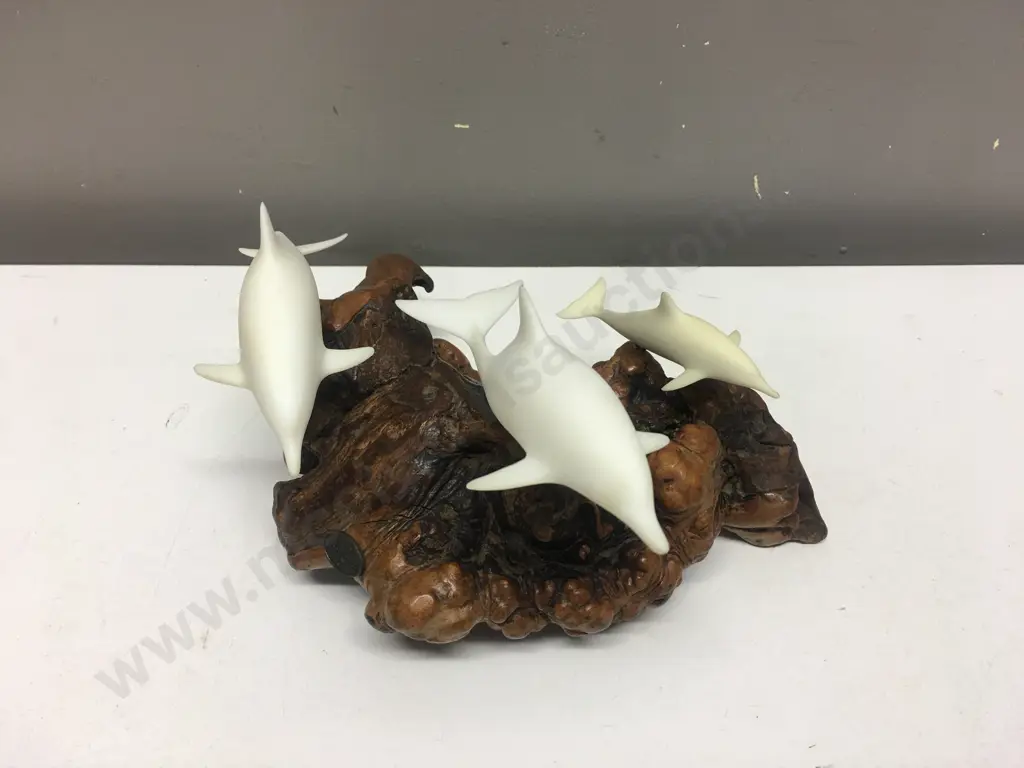 John Perry Dolphin Sculpture Figurine On Wood Base  Image 1++