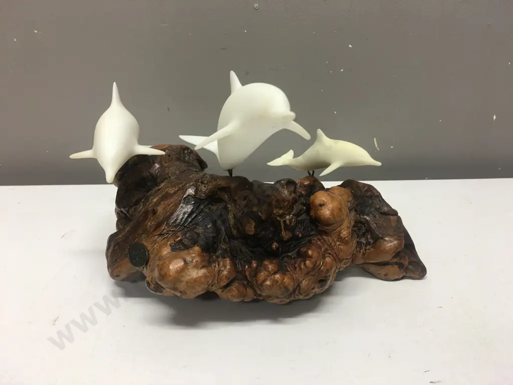 John Perry Dolphin Sculpture Figurine On Wood Base  Image 1++