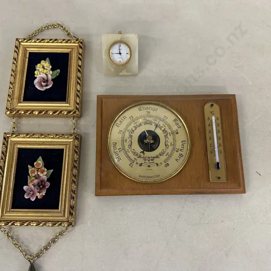 Vintage Items Including Barometer, Italian Wall Art & Ampha Desk Clock