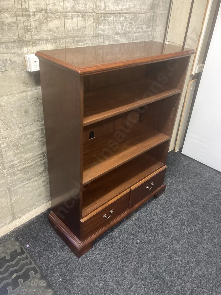 Mahogany Bookcase, 2 Adjustable Shelves, 2 Drawers In Base. H126 W96 D37cm (Hole Cut In Back For Cable Access) Image 1++