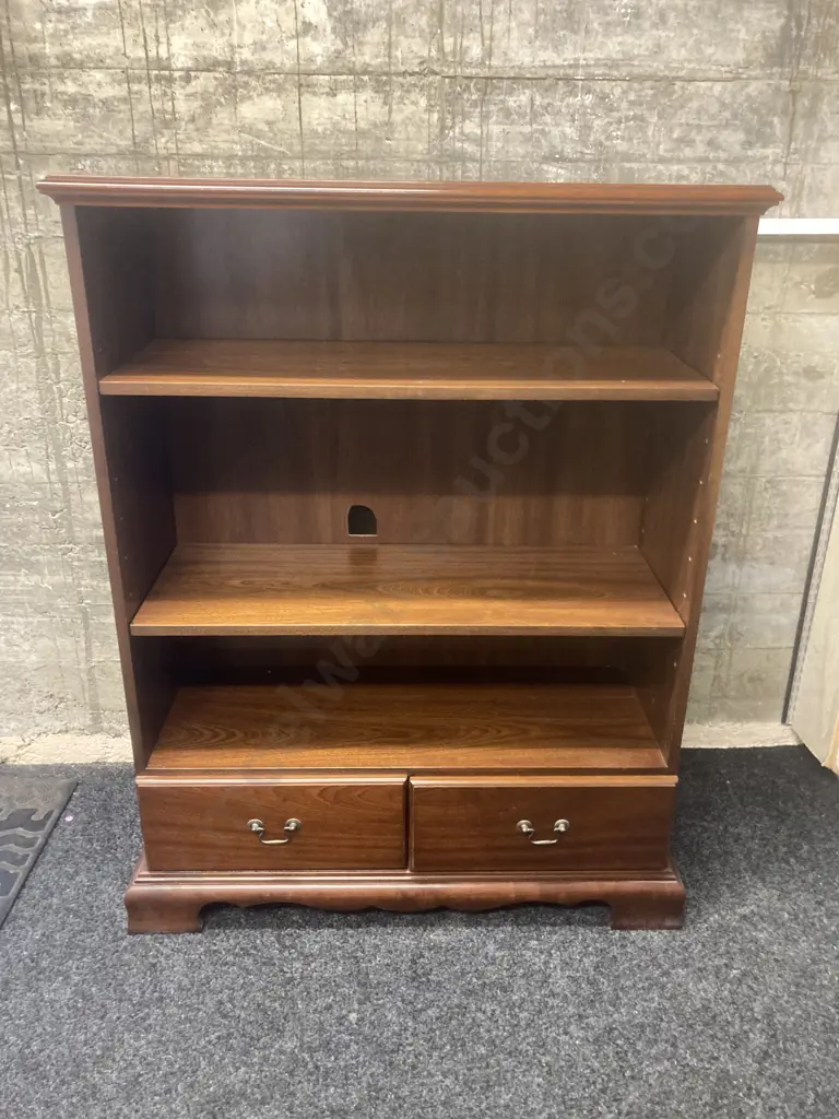 Mahogany Bookcase, 2 Adjustable Shelves, 2 Drawers In Base. H126 W96 D37cm (Hole Cut In Back For Cable Access) Image 1++