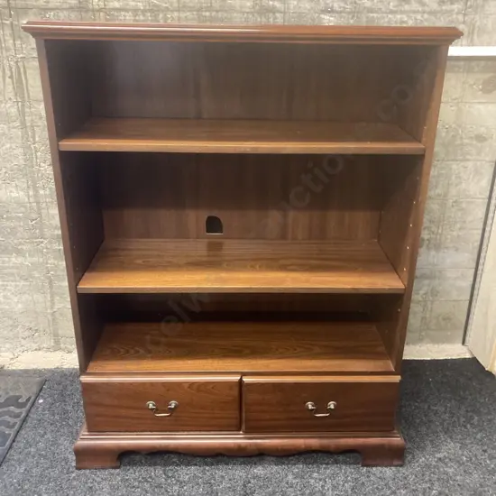Mahogany Bookcase, 2 Adjustable Shelves, 2 Drawers In Base. H126 W96 D37cm (Hole Cut In Back For Cable Access)
