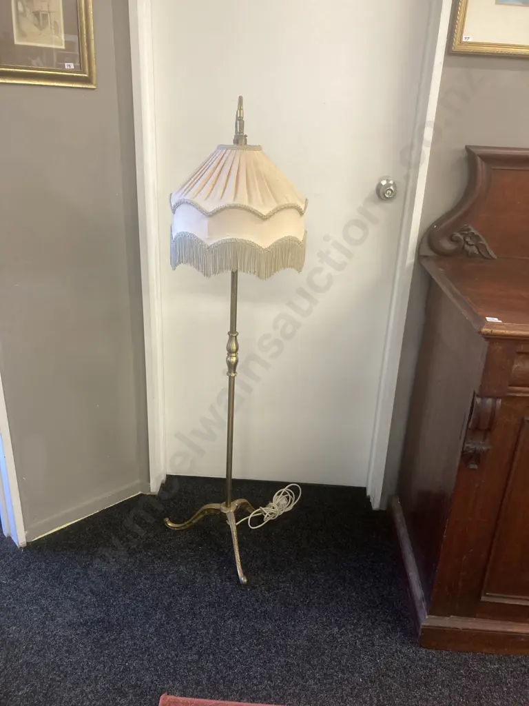 Ornate Brass Standard Lamp With Tasselled Fabric Shade, Tri Leg, Adjustable Head. H140cm Image 1++