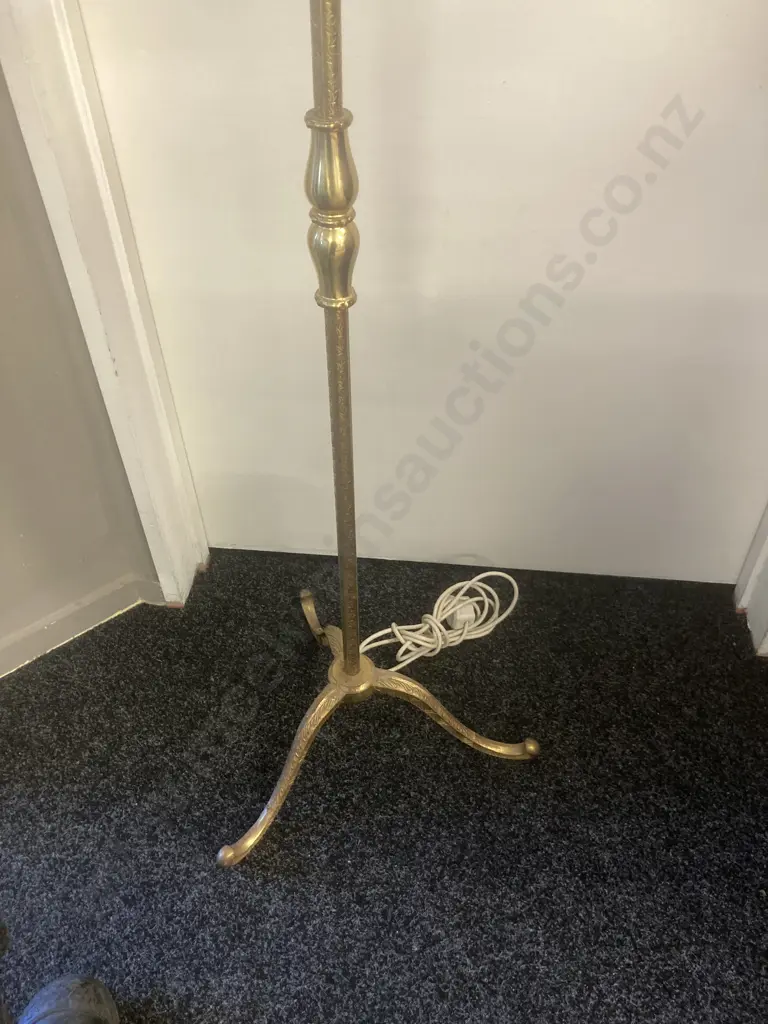 Ornate Brass Standard Lamp With Tasselled Fabric Shade, Tri Leg, Adjustable Head. H140cm Image 1++