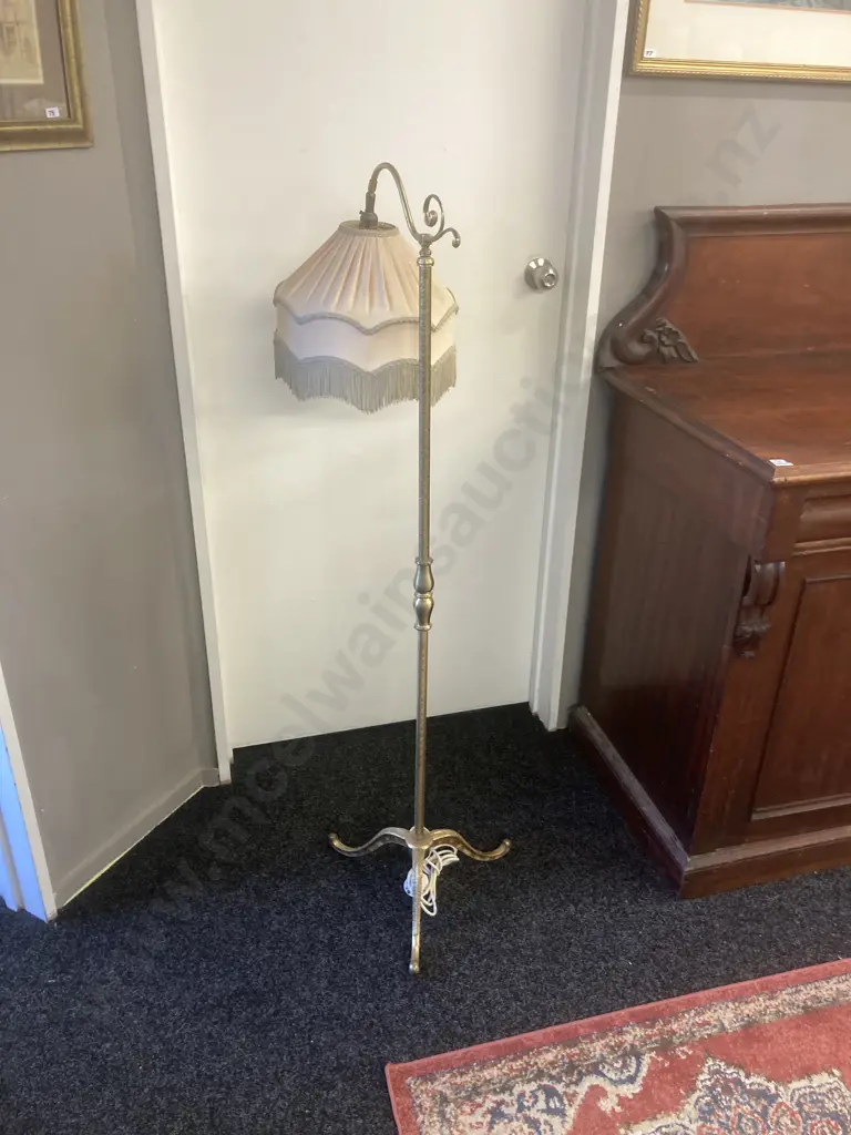 Ornate Brass Standard Lamp With Tasselled Fabric Shade, Tri Leg, Adjustable Head. H140cm Image 1++