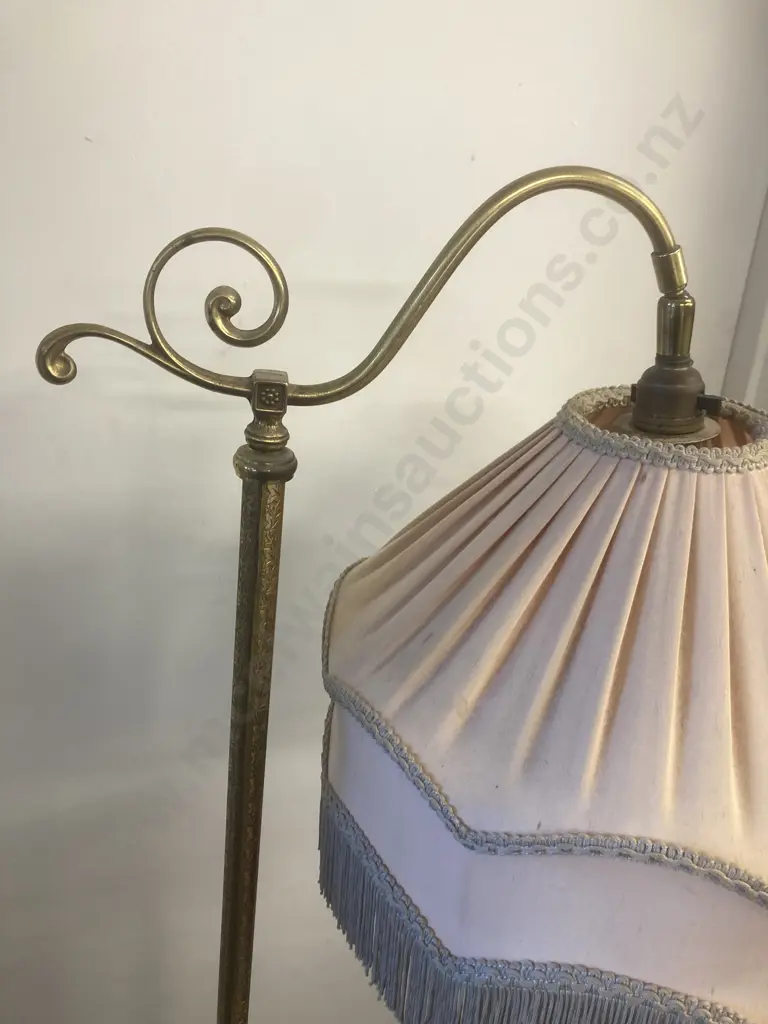 Ornate Brass Standard Lamp With Tasselled Fabric Shade, Tri Leg, Adjustable Head. H140cm Image 1++