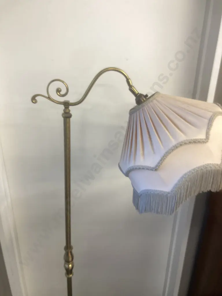 Ornate Brass Standard Lamp With Tasselled Fabric Shade, Tri Leg, Adjustable Head. H140cm Image 1++