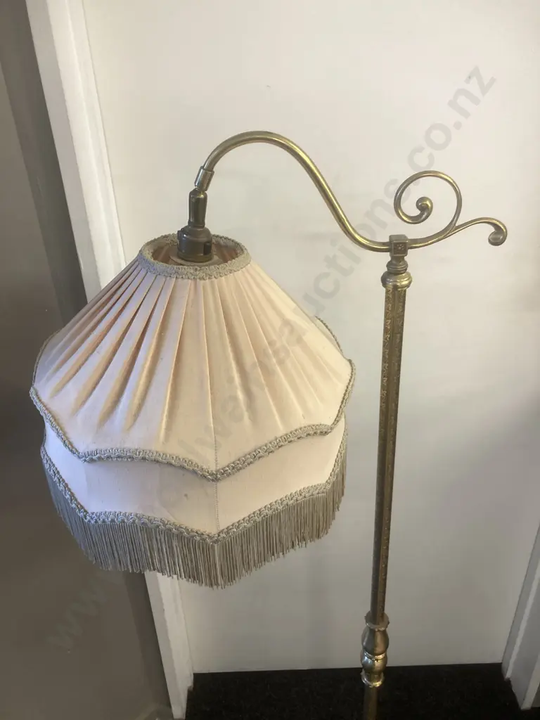 Ornate Brass Standard Lamp With Tasselled Fabric Shade, Tri Leg, Adjustable Head. H140cm Image 1++