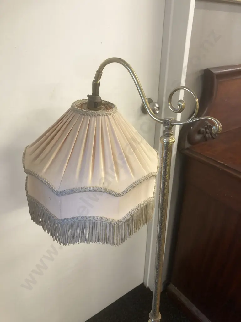 Ornate Brass Standard Lamp With Tasselled Fabric Shade, Tri Leg, Adjustable Head. H140cm Image 1++