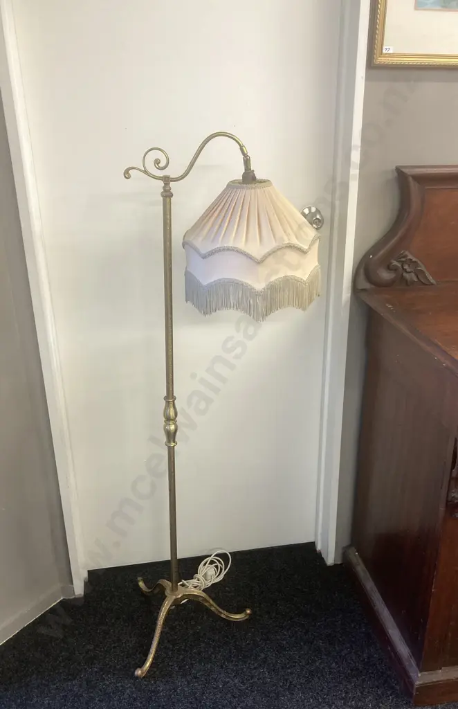 Ornate Brass Standard Lamp With Tasselled Fabric Shade, Tri Leg, Adjustable Head. H140cm Image 1++