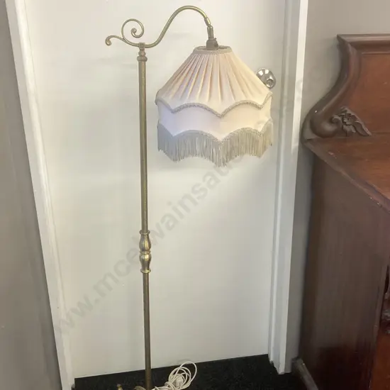 Ornate Brass Standard Lamp With Tasselled Fabric Shade, Tri Leg, Adjustable Head. H140cm
