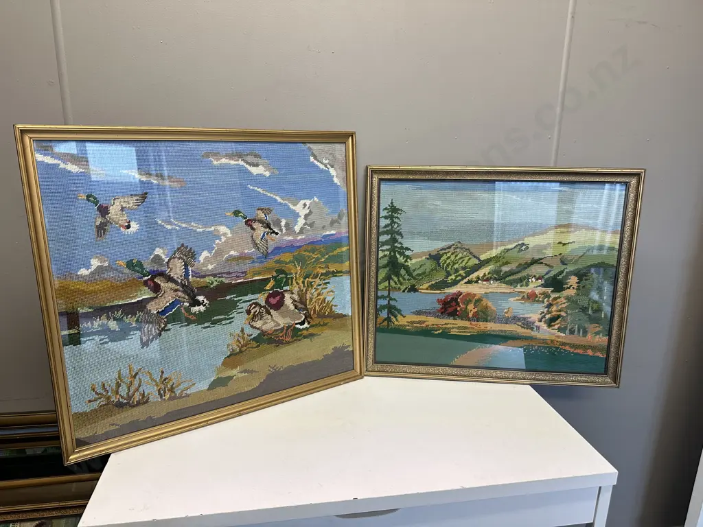 Framed Artwork Vintage Cross Stitch Ducks & Lake Scene Image 1++