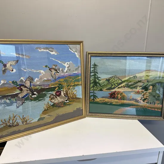 Framed Artwork Vintage Cross Stitch Ducks & Lake Scene