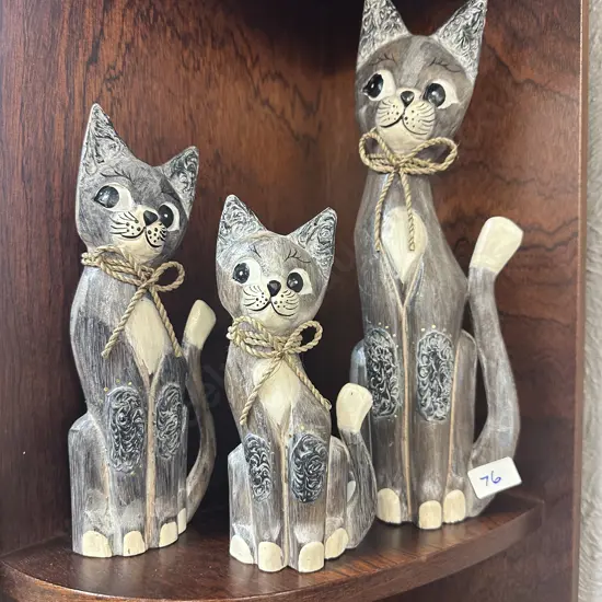 Trio of Ornamental Carved Wooden Cats. Graduating Sizes