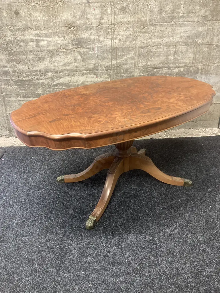 Burr Walnut Occasional Table, Carved Pedestal Base To 4 Brass Claw Feet. H51 W104 D59cm Image 1++