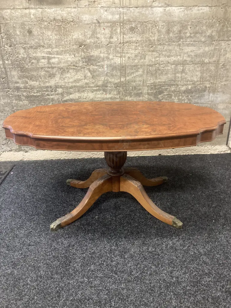 Burr Walnut Occasional Table, Carved Pedestal Base To 4 Brass Claw Feet. H51 W104 D59cm Image 1++