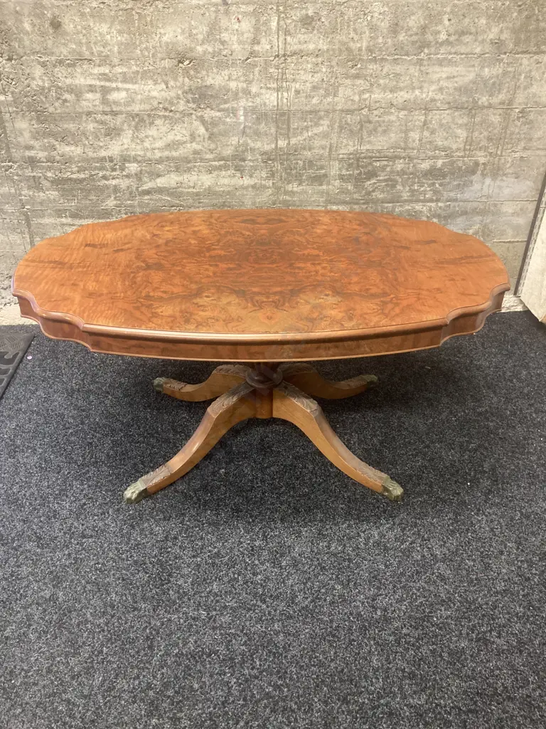 Burr Walnut Occasional Table, Carved Pedestal Base To 4 Brass Claw Feet. H51 W104 D59cm Image 1++