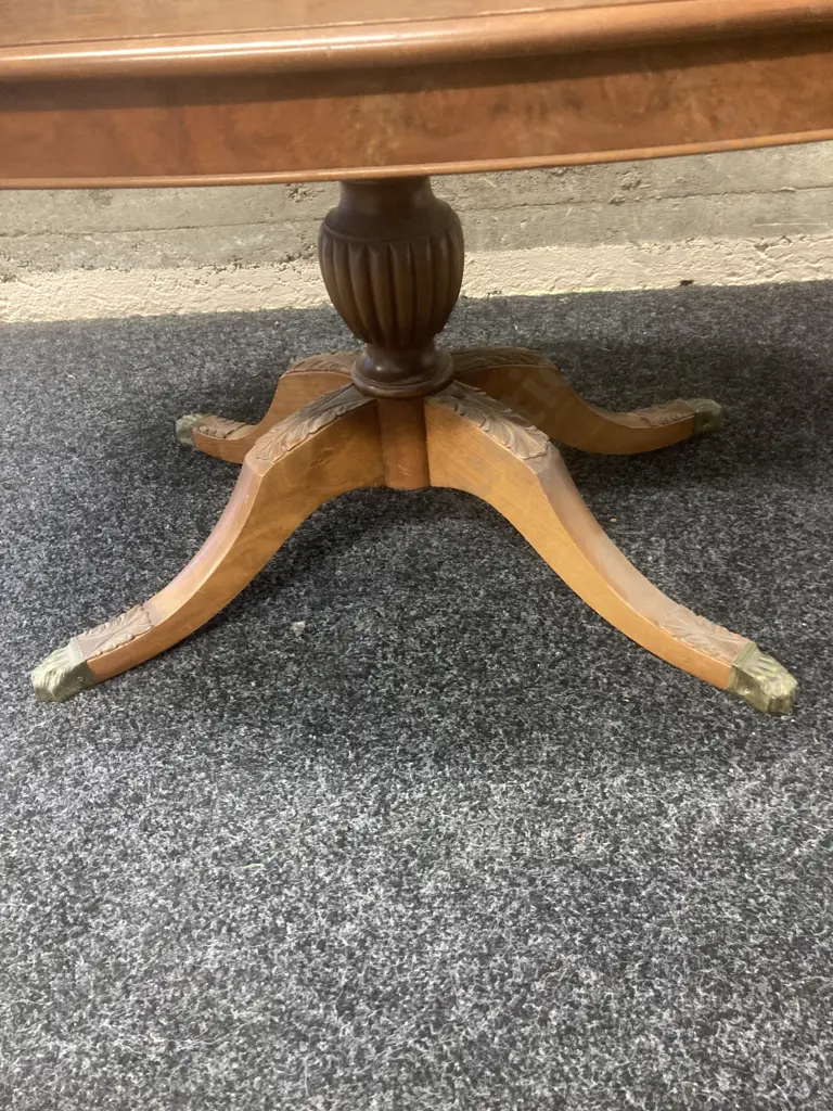 Burr Walnut Occasional Table, Carved Pedestal Base To 4 Brass Claw Feet. H51 W104 D59cm Image 1++