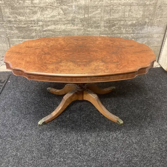 Burr Walnut Occasional Table, Carved Pedestal Base To 4 Brass Claw Feet. H51 W104 D59cm