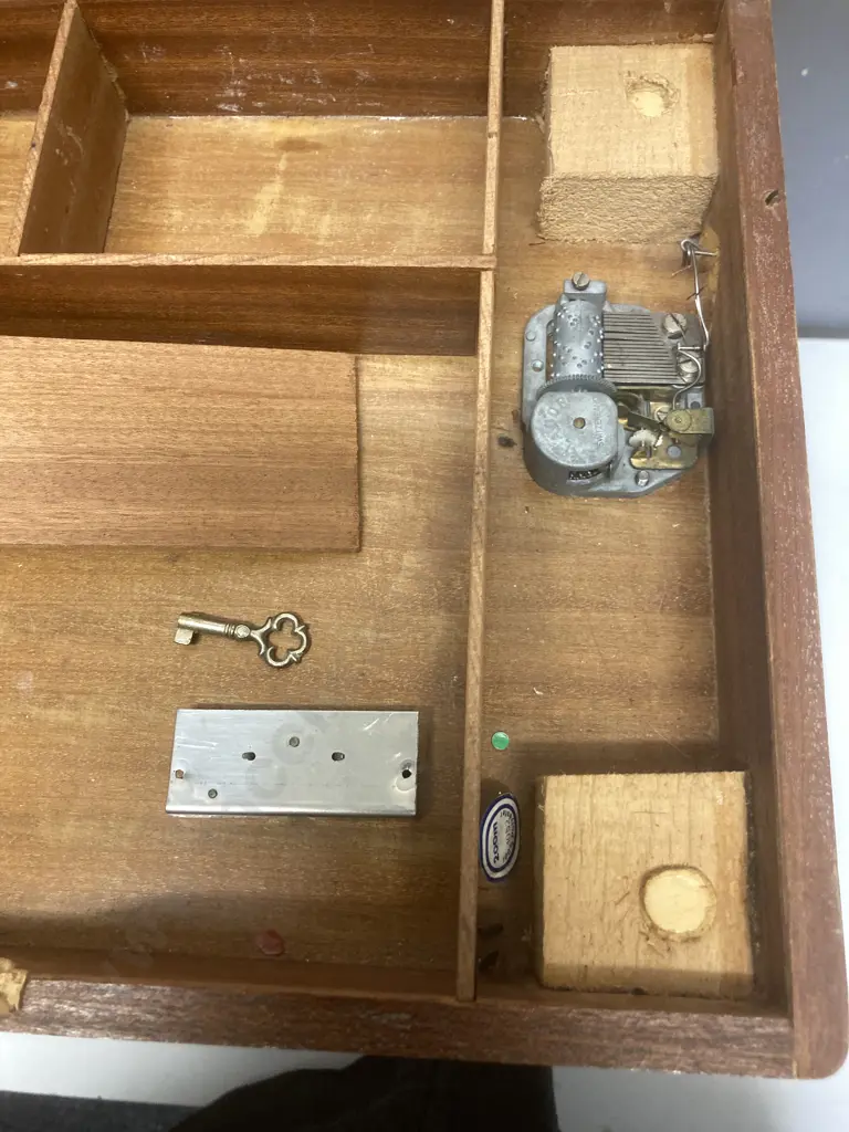 Inlaid Music Box Table With Lock & Key (As Found Condition - Music Box Not Working). H43 W37 D27cm Image 1++