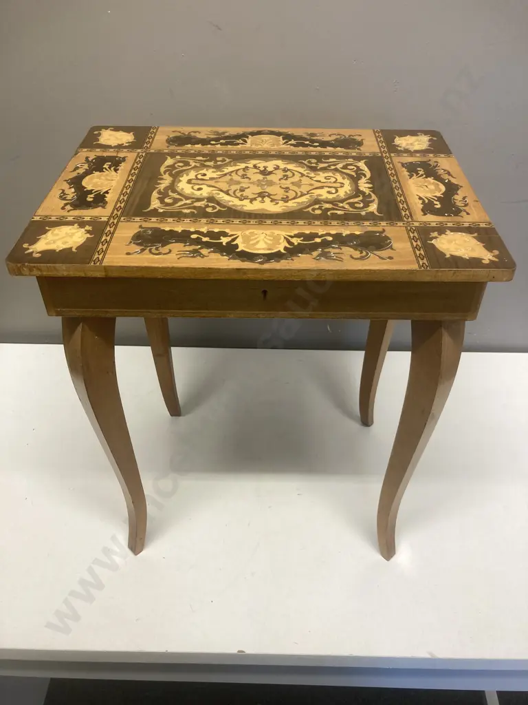 Inlaid Music Box Table With Lock & Key (As Found Condition - Music Box Not Working). H43 W37 D27cm Image 1++