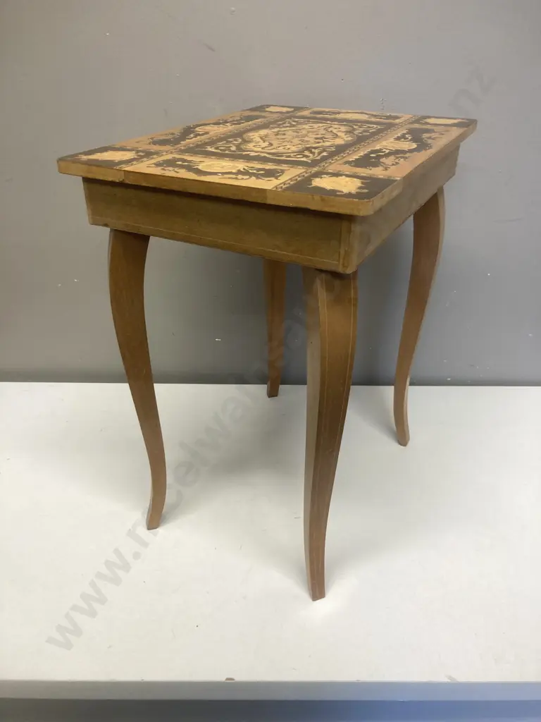 Inlaid Music Box Table With Lock & Key (As Found Condition - Music Box Not Working). H43 W37 D27cm Image 1++