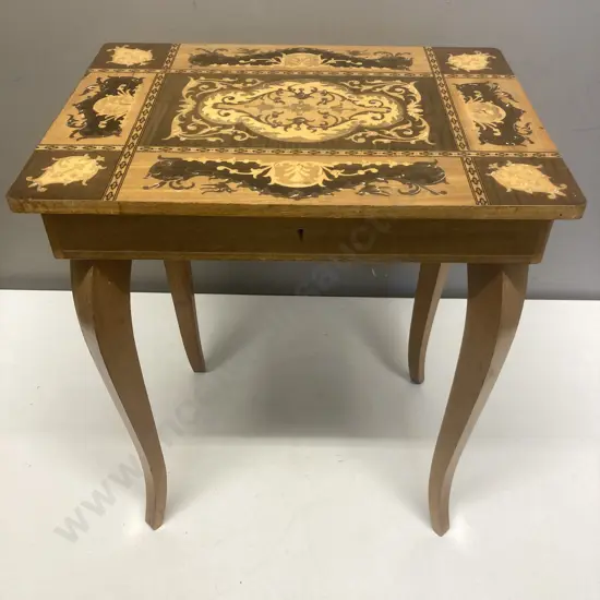 Inlaid Music Box Table With Lock & Key (As Found Condition - Music Box Not Working). H43 W37 D27cm