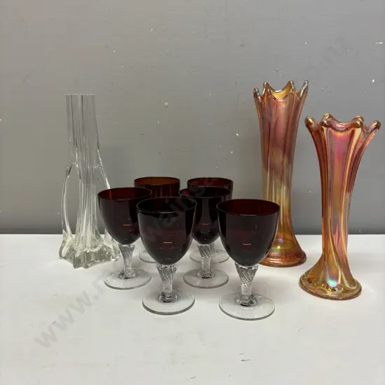 Assorted Vintage Glassware including Carnival Glass and Set of Ruby glasses etc